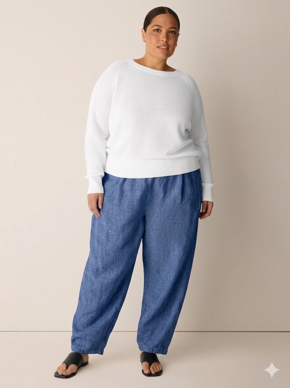 Eileen Fisher 100% linen wide leg cropped ankle pull on pants 1X Blue Chambray